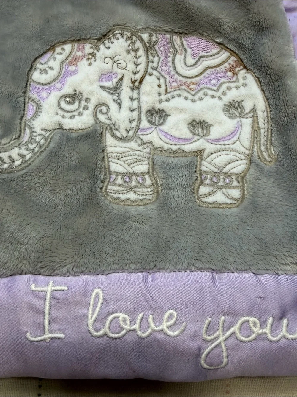 Wendy Bellissimo Gray Plush Baby Blanket with Lavender Satin Edge